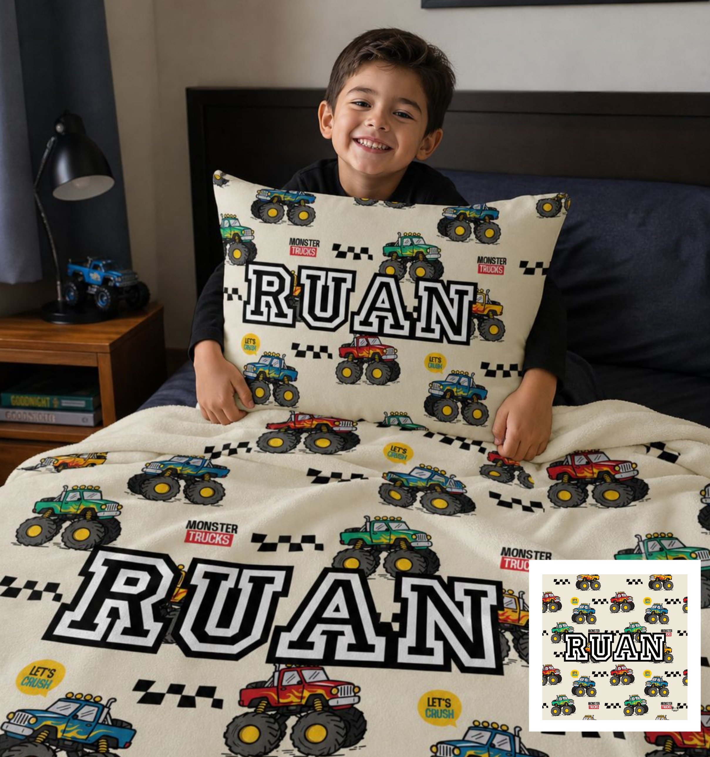 Kids Combo l Fleece Blanket & Pillowcase l Monster Trucks