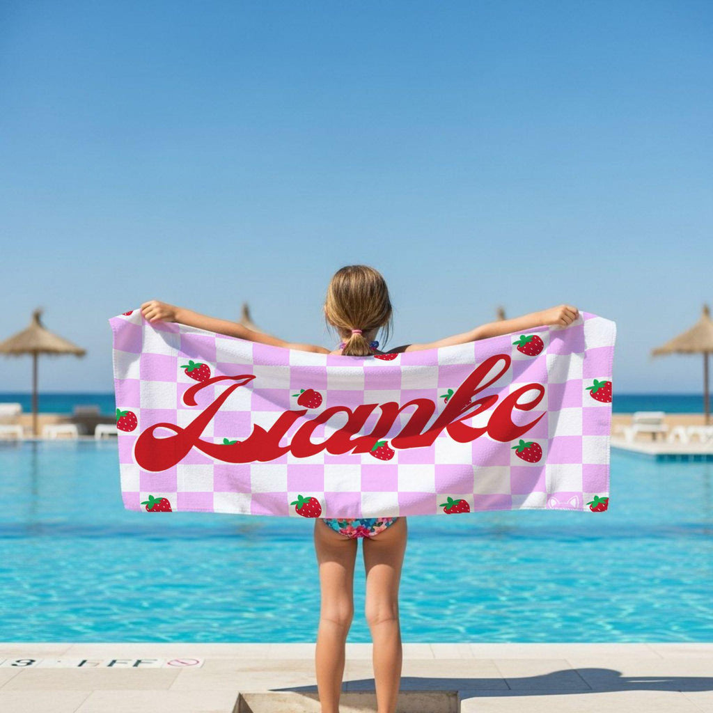 Pink Checkered Pattern with Strawberries l Summer Towel